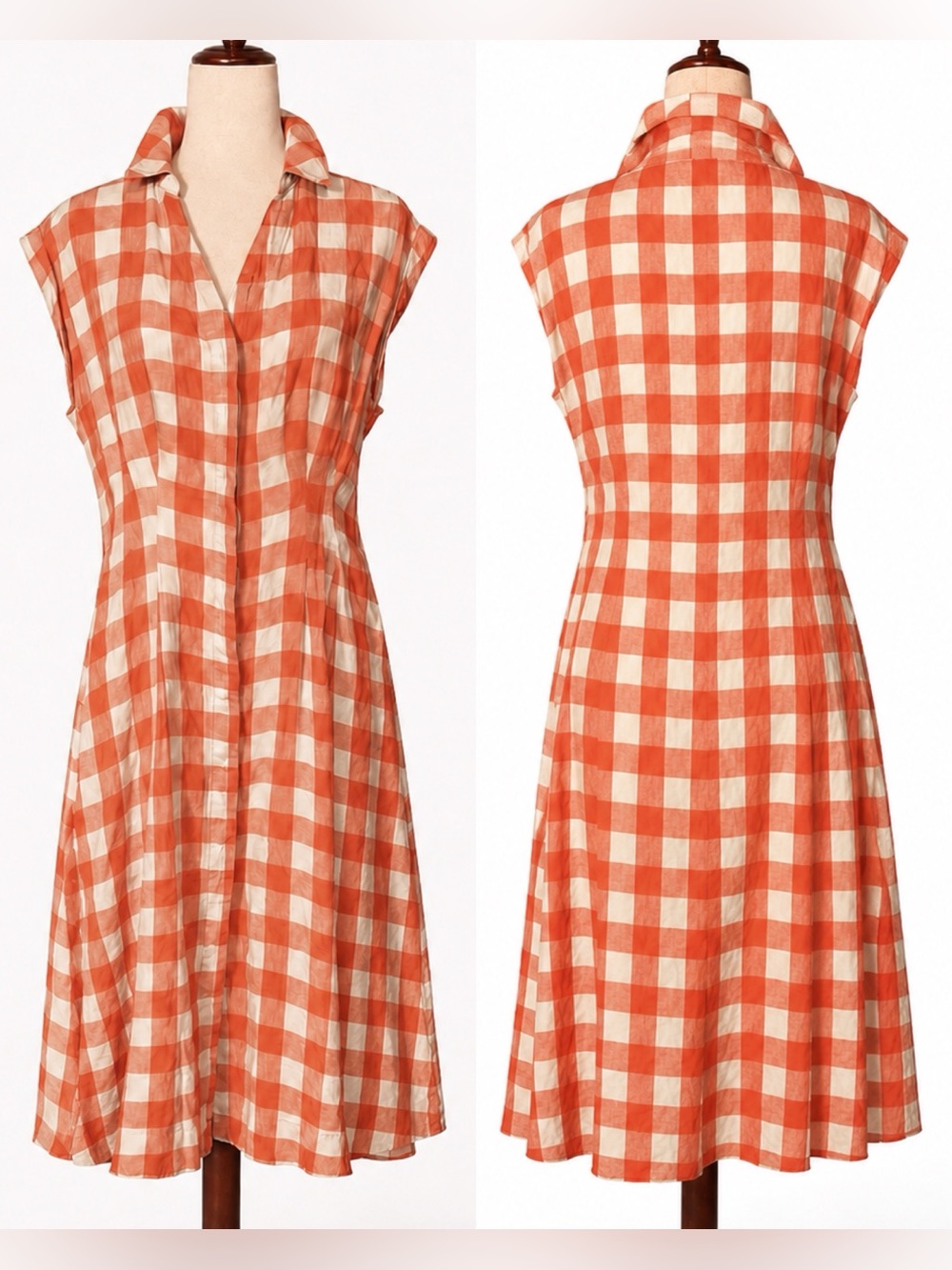 Boden checked orange and cream sleeveless midi dress, 10P - Picture 2 of 7